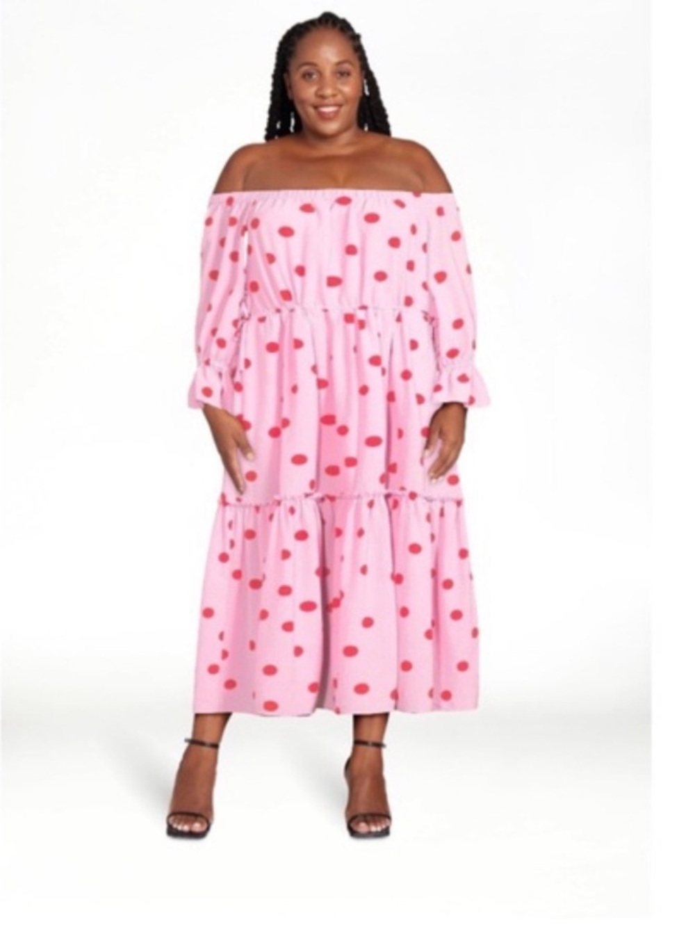 Scoop | Off-Shoulder Pink Polka Dot Midi Dress XL